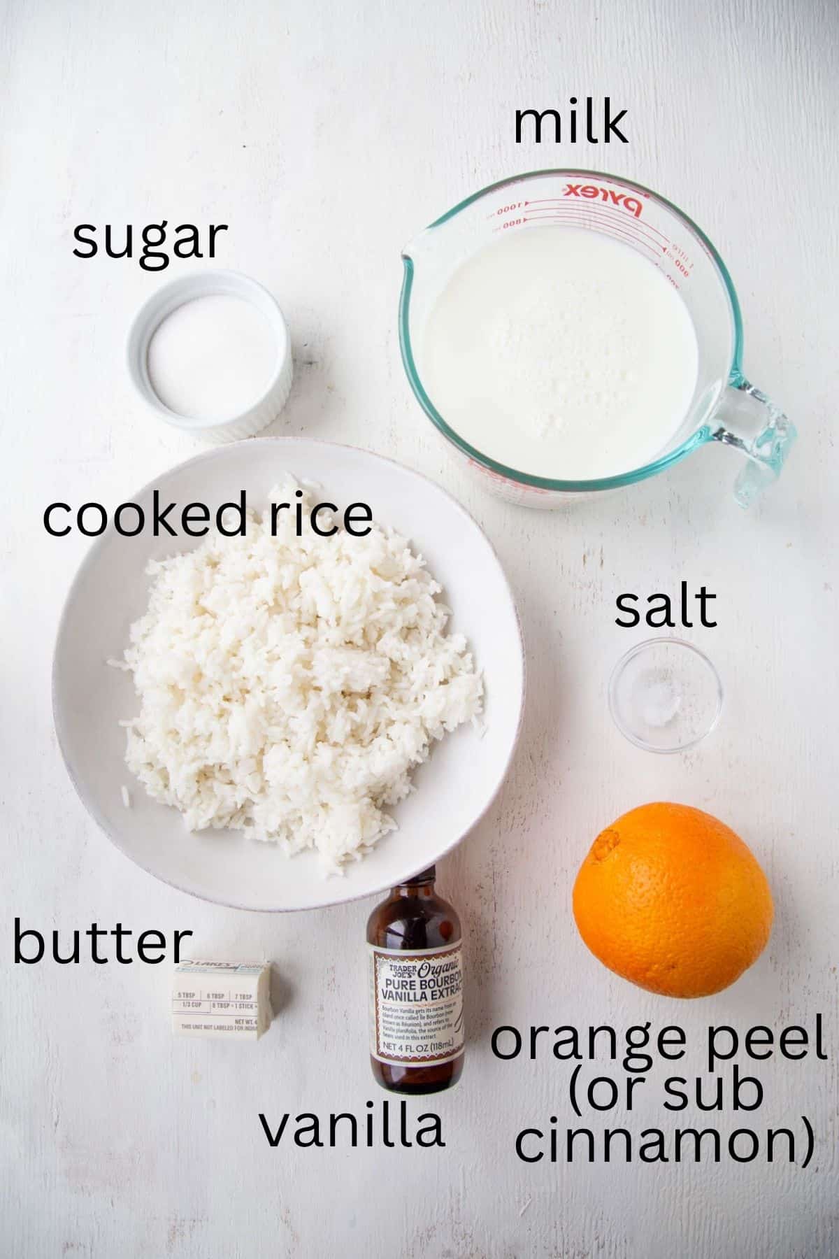 cooked rice, milk, sugar, salt, and other ingredients.