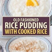 bowls of rice pudding, one topped with ground cinnamon and another topped with an orange slice.