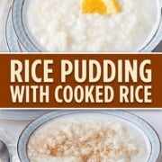 bowls of rice pudding, one topped with ground cinnamon and another topped with an orange slice.