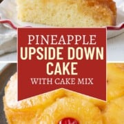 pineapple upside down cake, both sliced and whole, with pineapple rings and cherries on top.