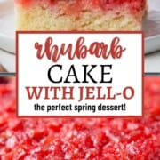 rhubarb upside down cake, both sliced and whole, with yellow cake on the bottom and a bright pink rhubarb mixture on top.