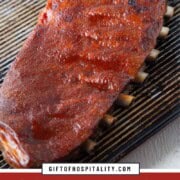 rack of ribs with bbq sauce.
