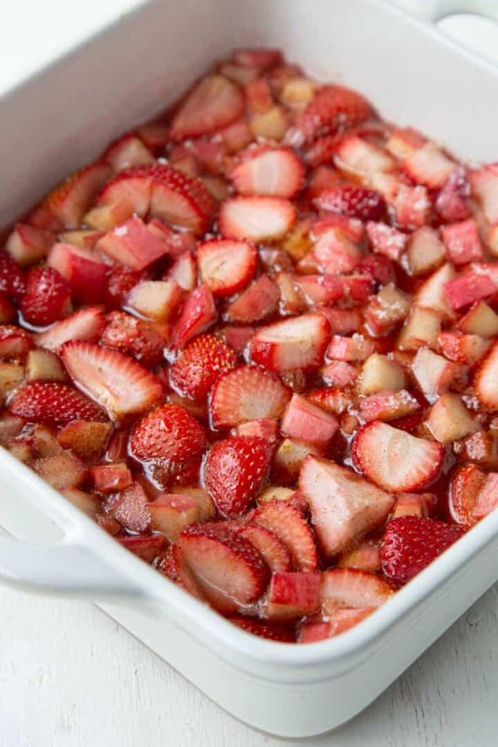 baked strawberries and rhubarb in a baking dish.