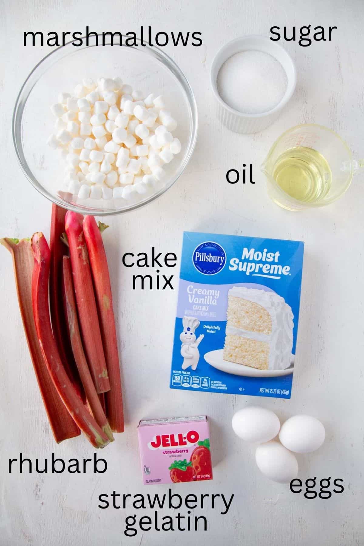 rhubarb, cake mix, strawberry gelatin, and other ingredients.