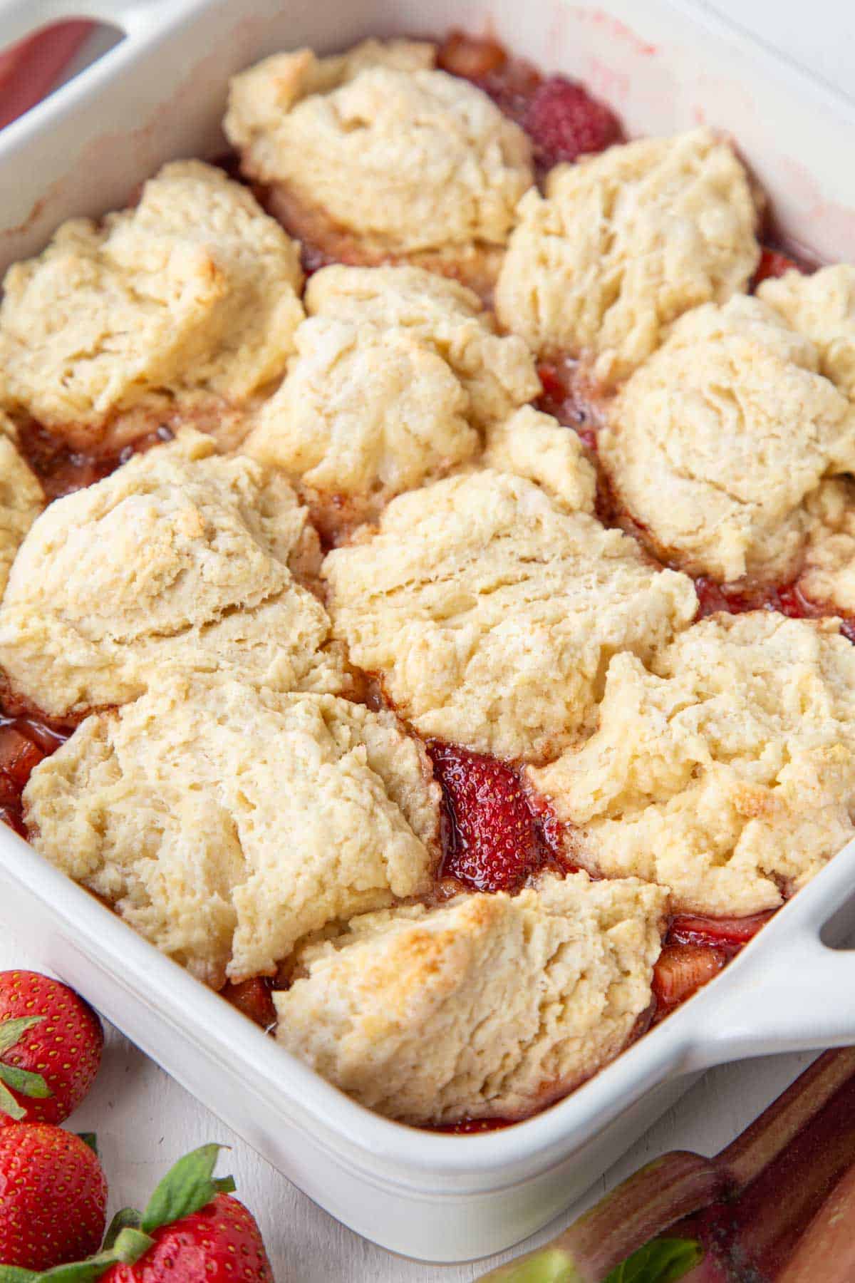 strawberries and rhubarb baked into a cobbler underneath a biscuit-like topping in a baking dish.