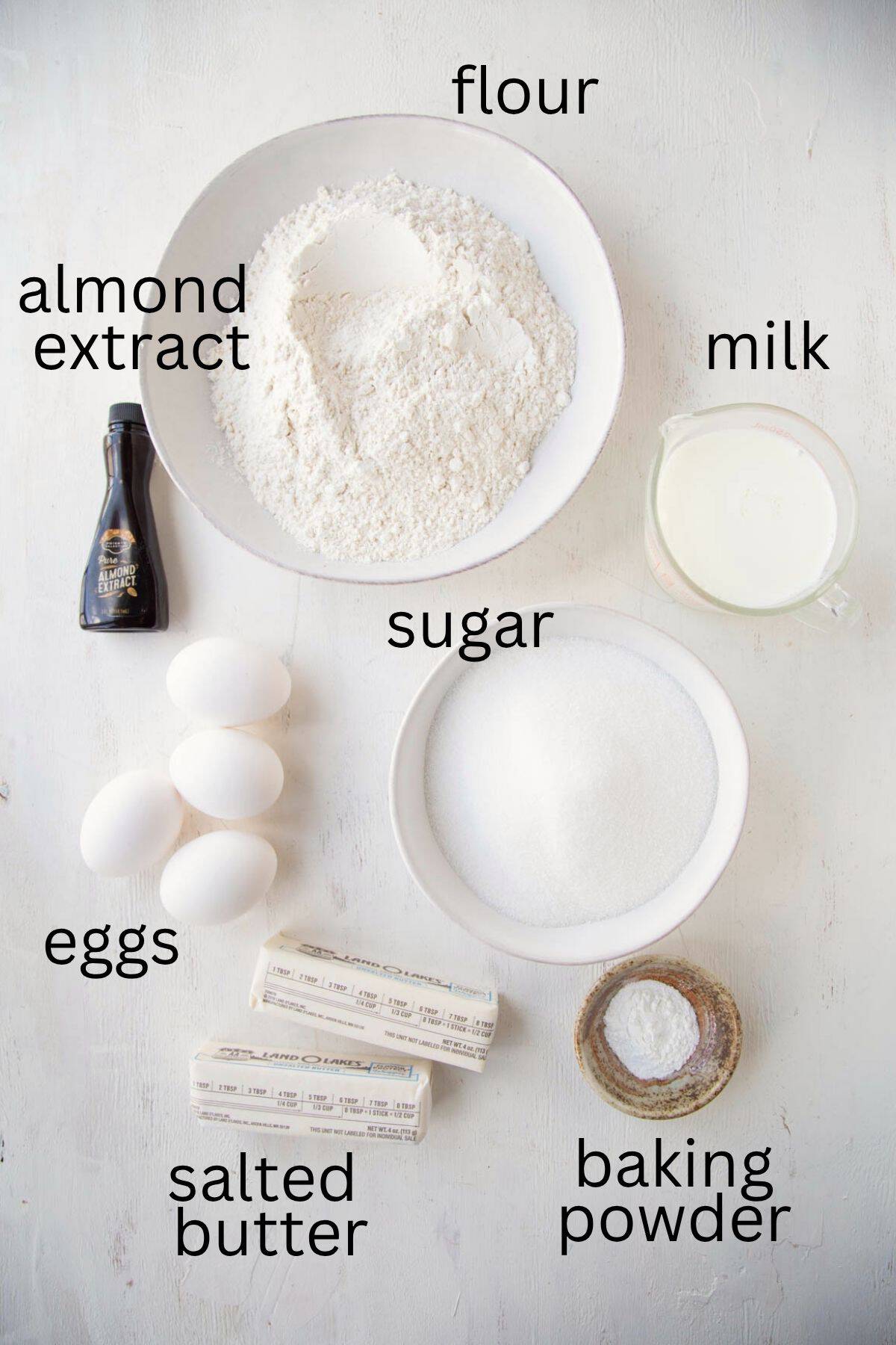 flour, sugar, butter, eggs, and other ingredients.