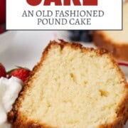 slice of 1234 pound cake with whipped cream and berries.