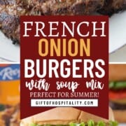 burger made with french onion soup on a bun with tomato and lettuce.