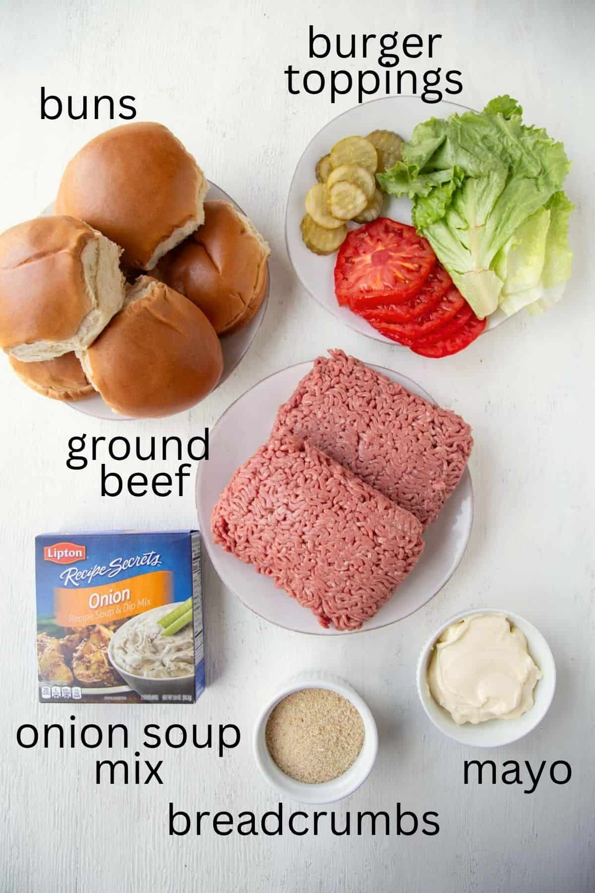 lipton french onion soup mix, ground beef, burger buns, and other ingredients.