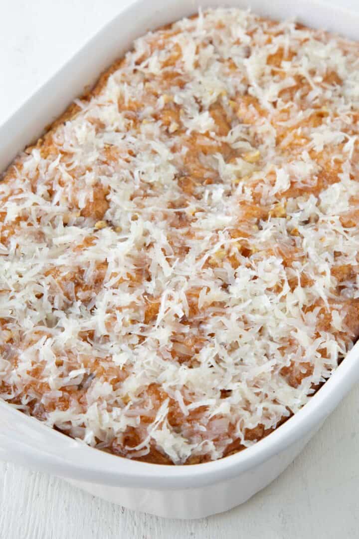 yellow cake topped with a shredded coconut glaze.