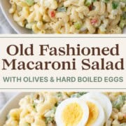 macaroni salad topped with slices of hard boiled eggs.