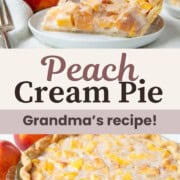 a whole peach cream pie and a slice of it on a plate.