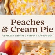 a whole peach cream pie and a slice of it on a plate.