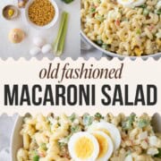 macaroni salad topped with slices of hard boiled eggs.