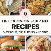 chip dip, burgers, stew, and pork chop casserole, all made with onion soup mix.