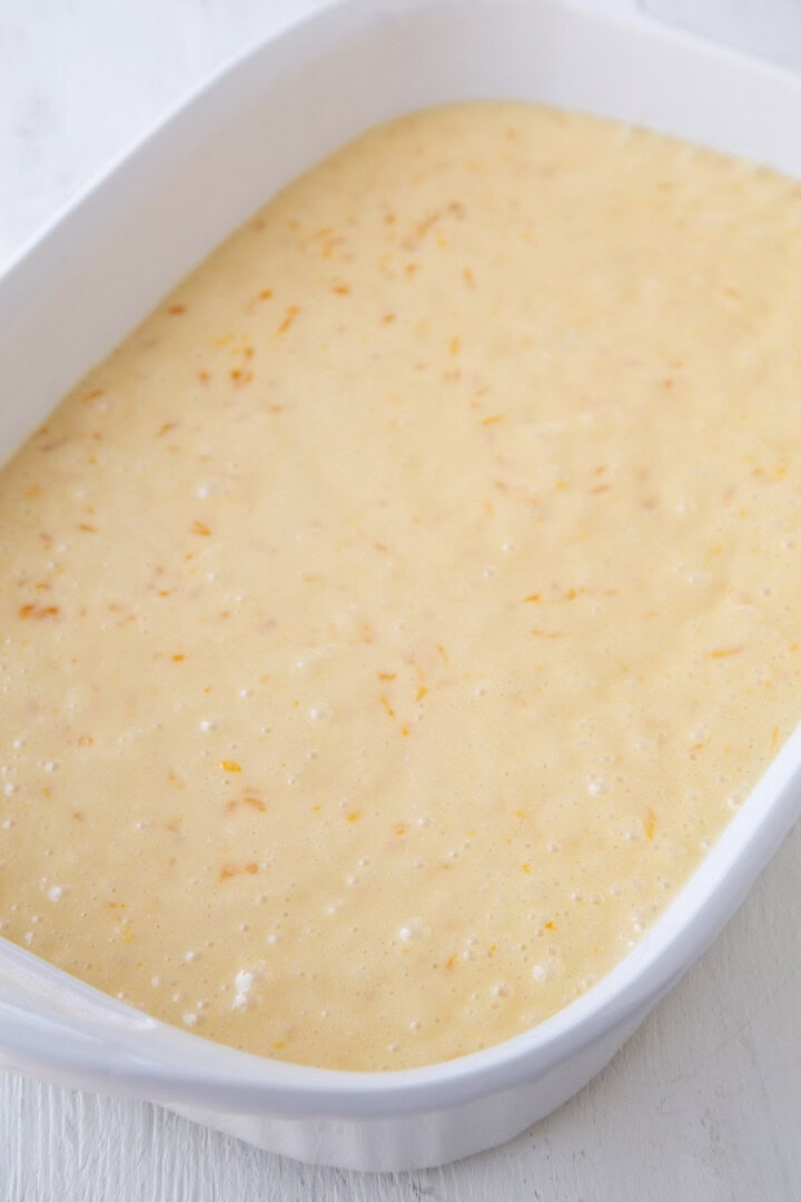 raw cake batter with mandarin oranges in it, in a cake pan.
