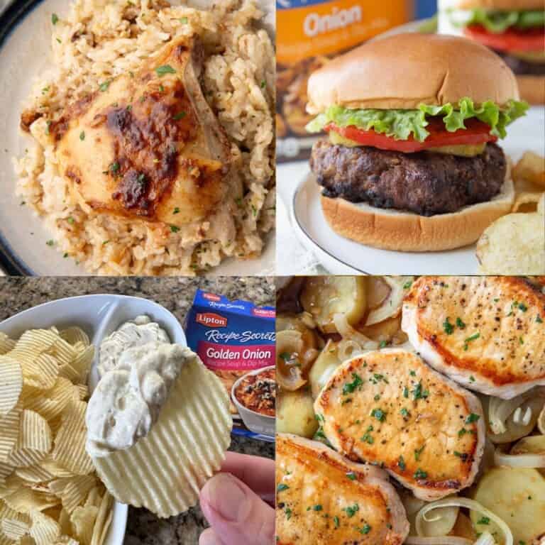 chicken casserole, a burger, pork chops, and chip dip, all made with lipton french onion soup mix.