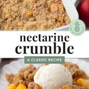 nectarine crumble with a buttery brown sugar crumble and topped with a scoop of vanilla ice cream.