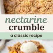 nectarine crumble with a buttery brown sugar crumble and topped with a scoop of vanilla ice cream.