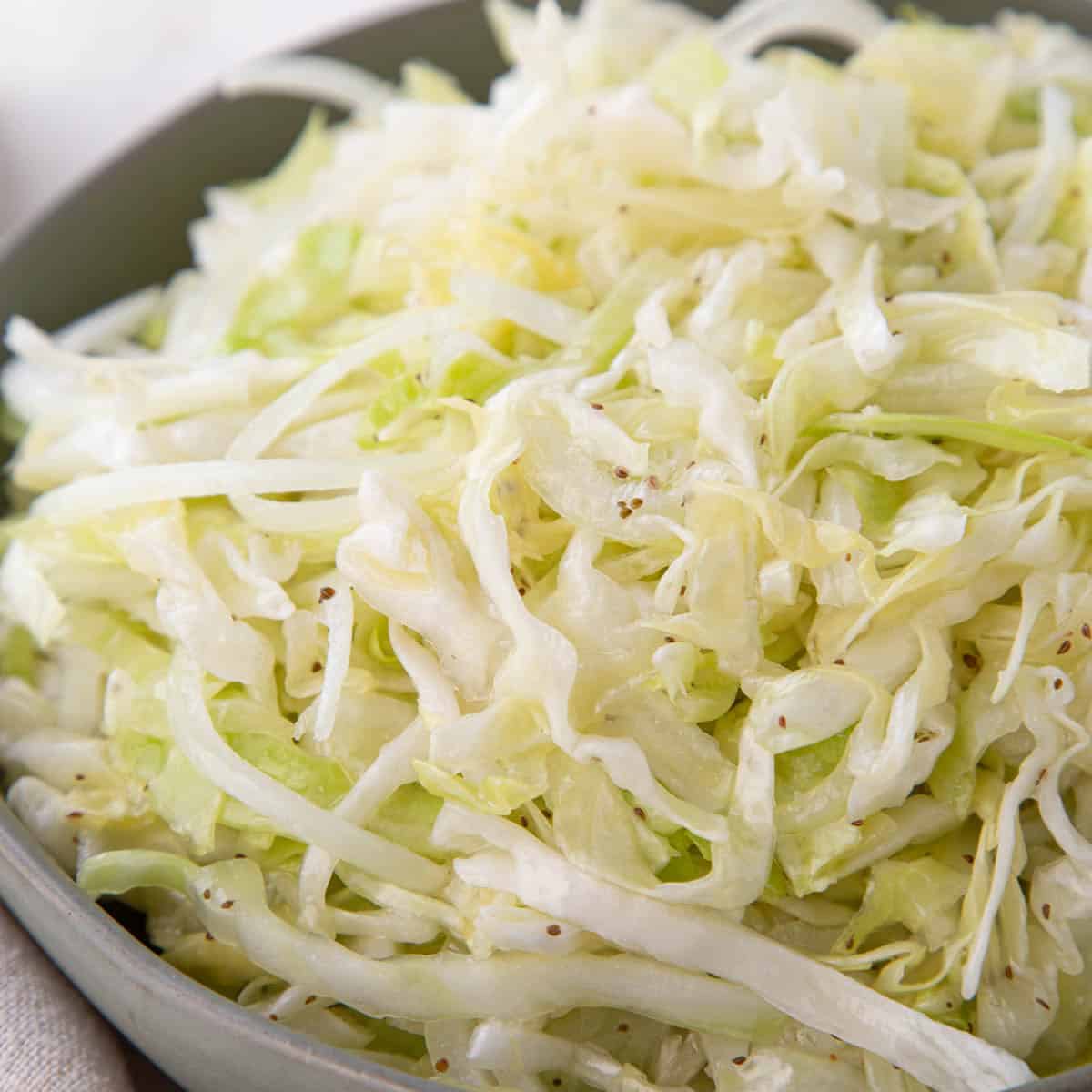 vinegar coleslaw made with shredded cabbage and onion in a green bowl.