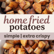 crispy cubes of home fries in a skillet and in a serving bowl.
