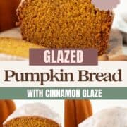 a whole loaf and slices of pumpkin bread with a cinnamon glaze on top.