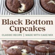black bottom cupcakes with cream cheese swirl both in a muffin pan and on a wire rack.