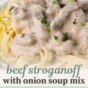 strips of beef in a cream onion soup mix sauce over egg noodles.