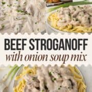 strips of beef in a cream onion soup mix sauce over egg noodles.