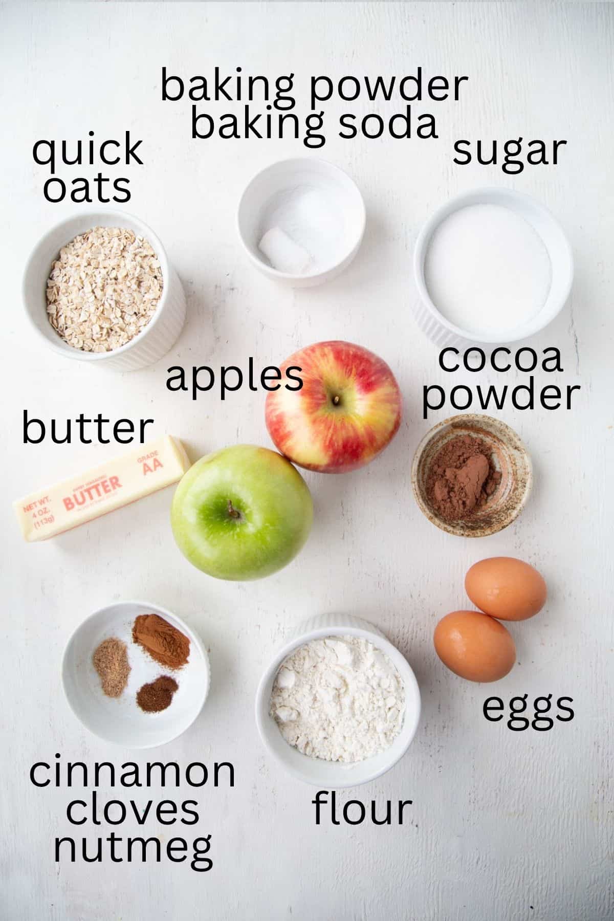 apples, quick oats, cinnamon, flour, and other ingredients.