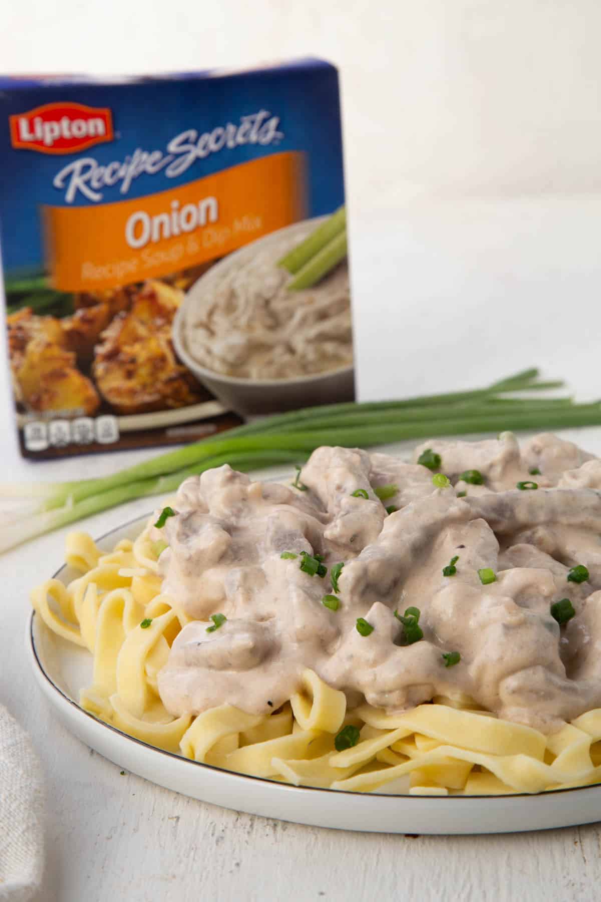 plate of beef stroganoff over egg noodles with a box of onion soup mix.