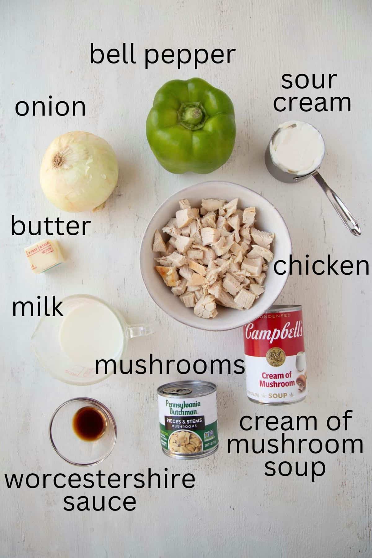 chicken, cream of mushroom soup, green pepper, onion, sour cream, and other ingredients.