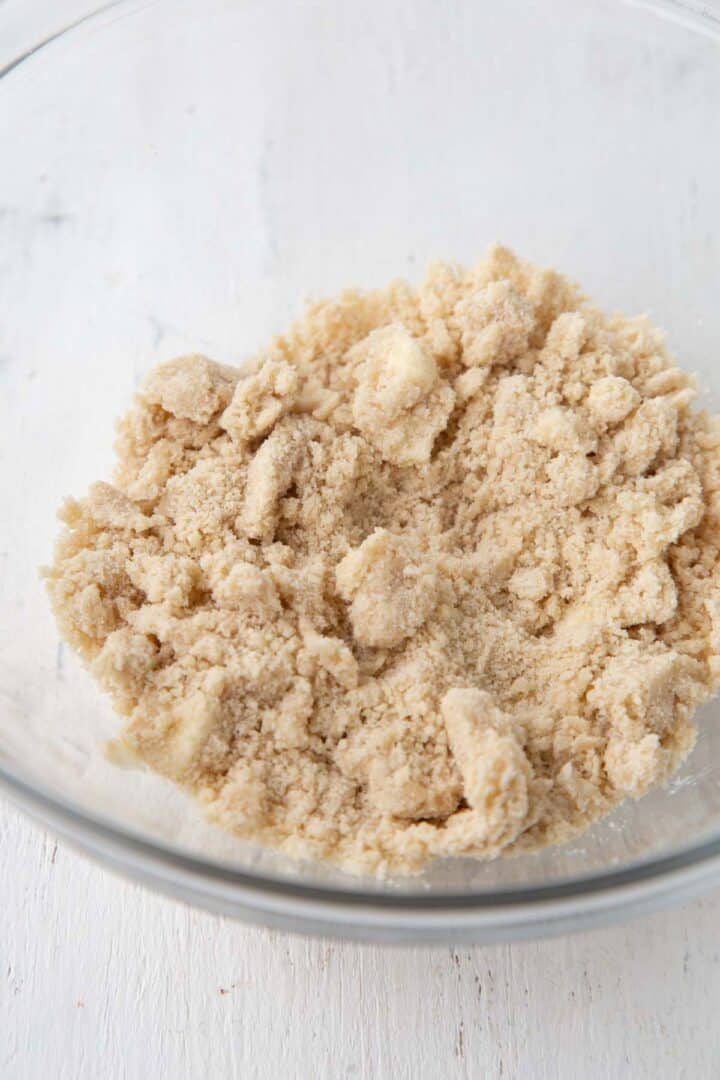 crumbly brown sugar and butter topping in a mixing bowl.