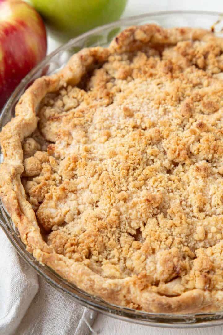 baked dutch apple pie with a crumble topping.