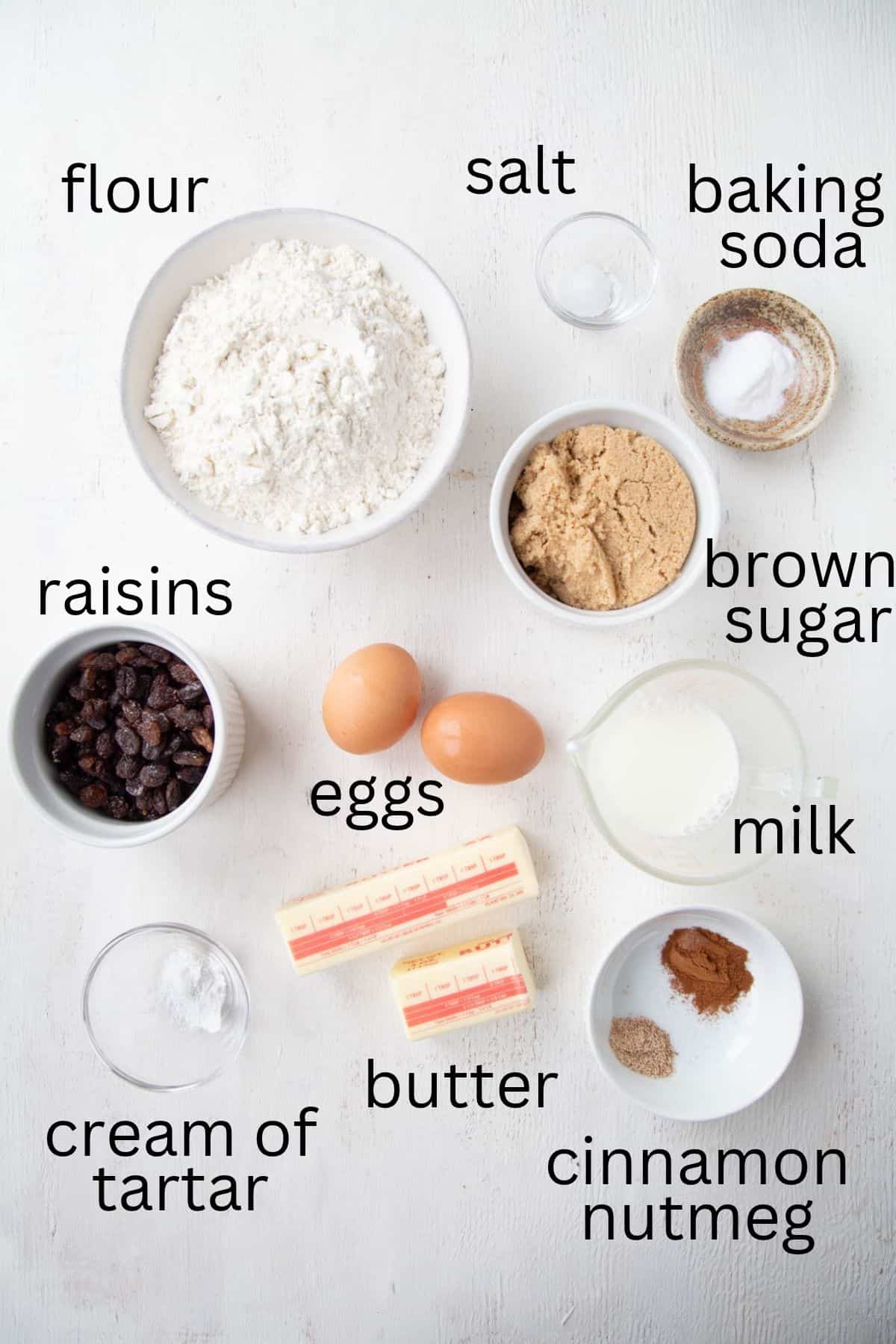 flour, sugar, raisins, and other ingredients.