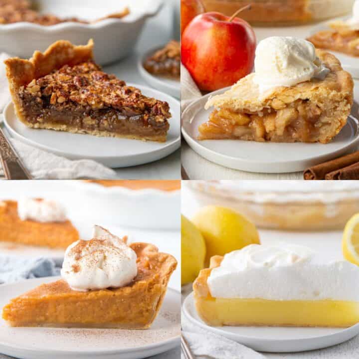 slices of various types of old fashioned pies including pecan pie, sweet potato pie, apple pie, and lemon meringue pie.
