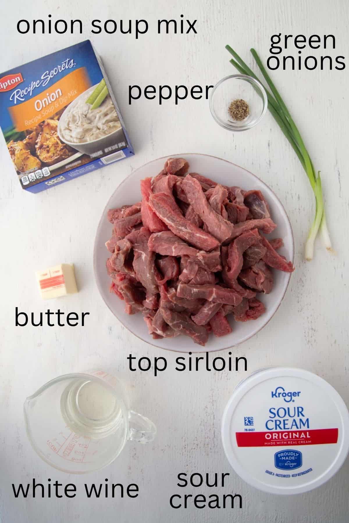 top sirloin, onion soup mix, sour cream, and other ingredients.